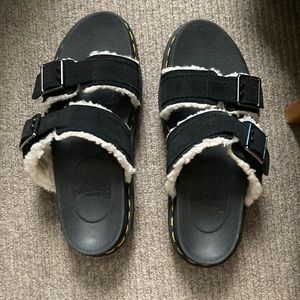 Doc Martens black faux fur slides